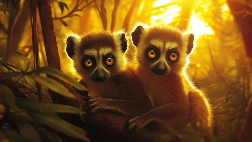 Two stylized lemurs sit on a branch in warm forest light
