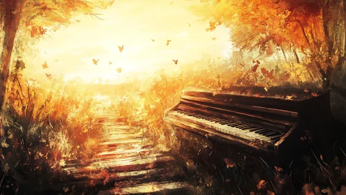 Autumn forest piano glows under golden evening light.