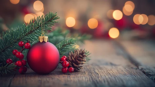 Crimson bauble dreaming under soft holiday candlelight glow.