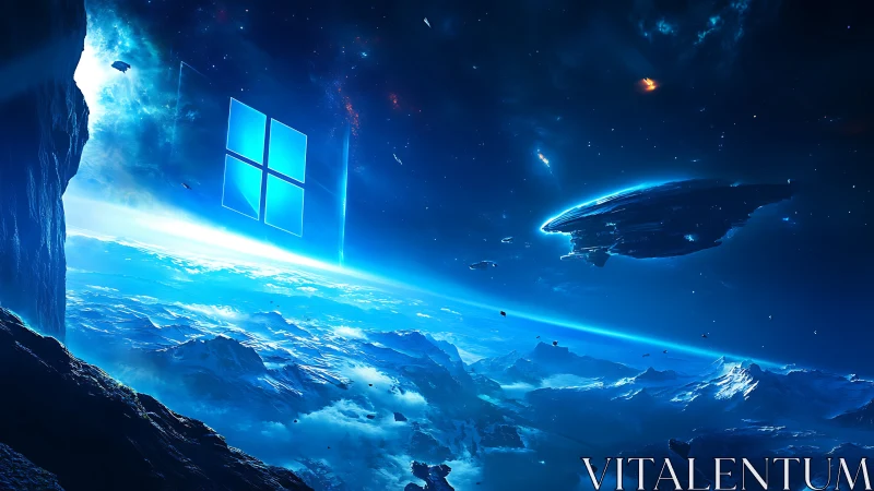 Futuristic orbital scene depicts spacecraft above icy planet