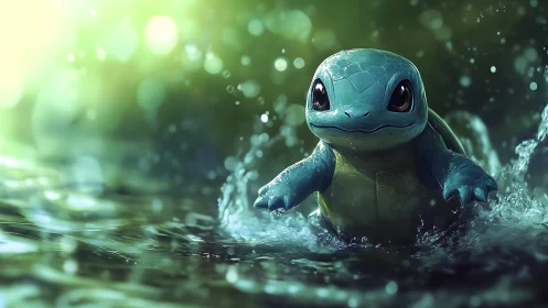Squirtle-like turtle creature moves through shallow water