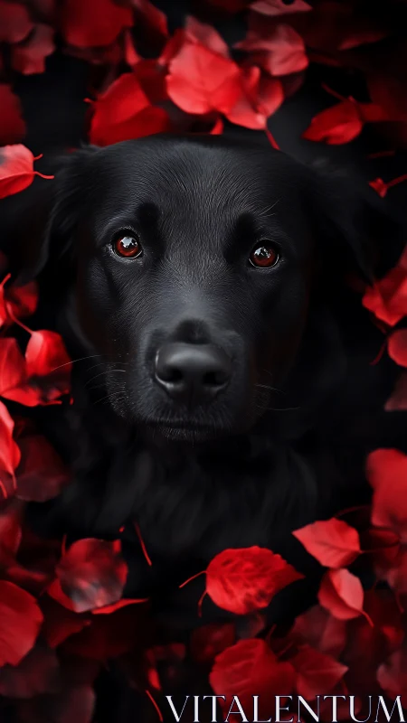 Black dog portrait framed by vivid red scattered petals.