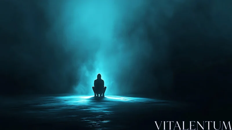 Backlit human silhouette in volumetric cyan atmospheric void.