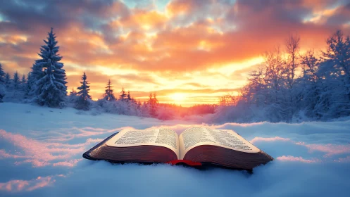 Winter sunrise illuminating open book in snowy landscape.