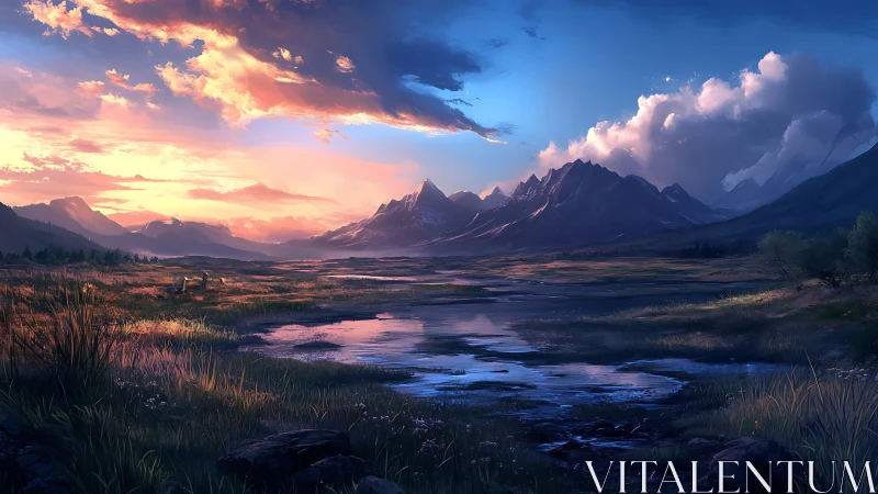 Mountain valley landscape shows reflective river at sunset