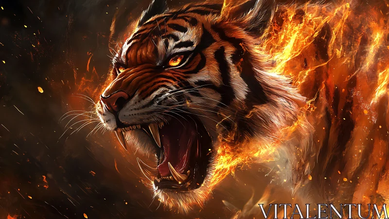 Blazing tiger spirit roars forward through swirling inferno