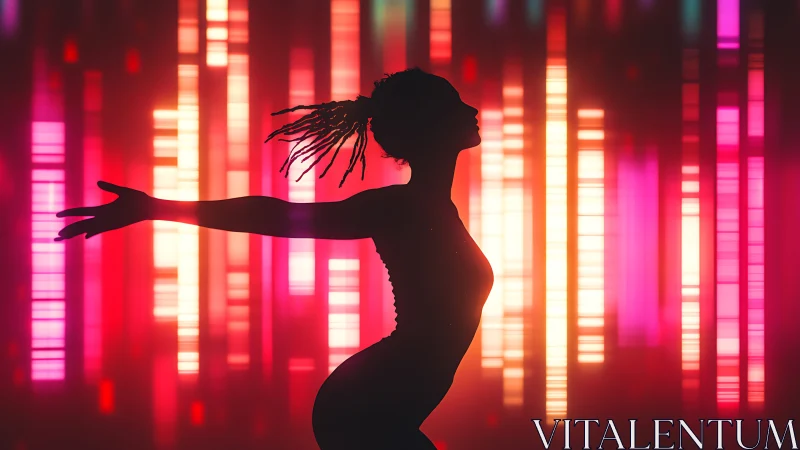Silhouette in neon rhythm, stretching into glowing night.