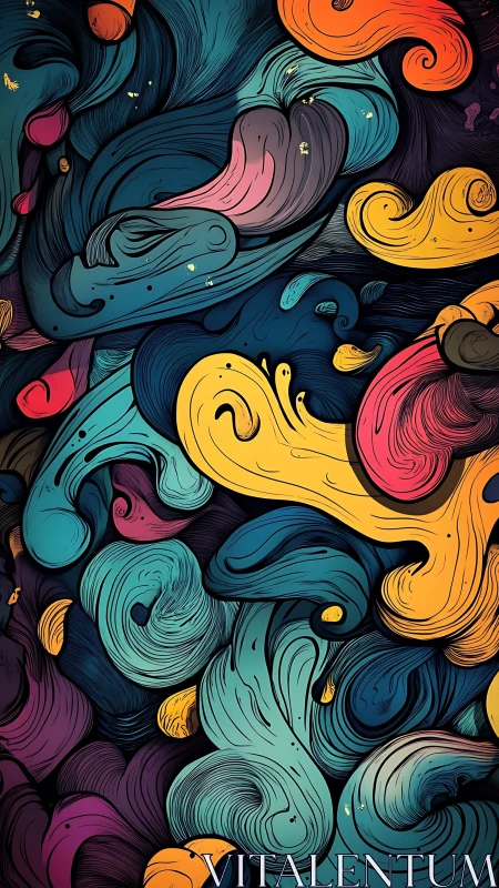 Swirling chromatic currents paint a whimsical abstract storm.