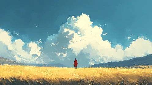 Solitary figure crosses golden field under towering clouds