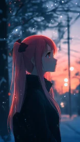 Pink-haired girl watches winter sunset on quiet street