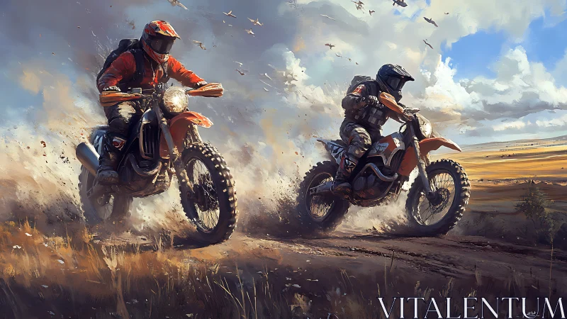 Dynamic off-road duel captures two dirt bikes carving dusty terrain