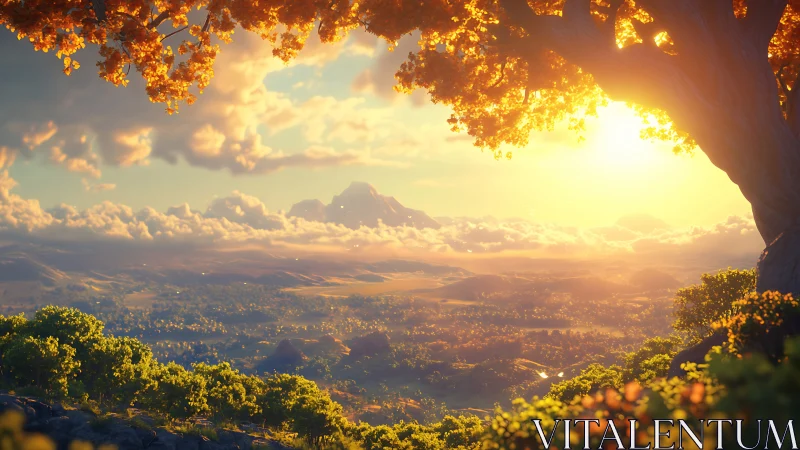 Golden valley sunrise under a sheltering autumn tree.