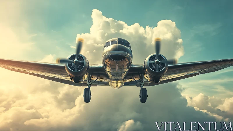Twin engine propeller aircraft front view against clouds.