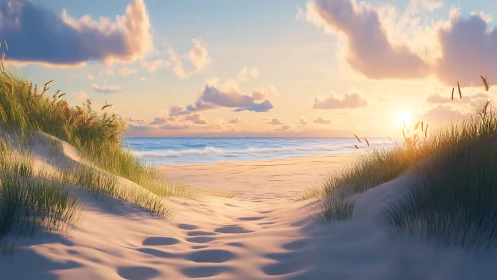 Sunlit coastal dune corridor leads toward calm horizon sea