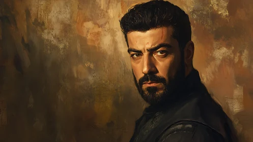 Bearded man in dark clothing stares forward against brown backdrop