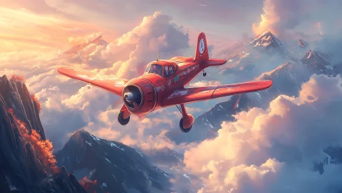 Crimson propeller plane gliding through glowing cloud peaks.