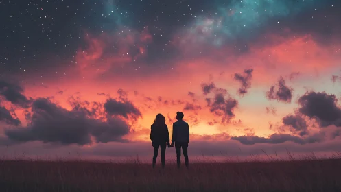Silhouetted pair under chromatic nebular twilight skyfield.