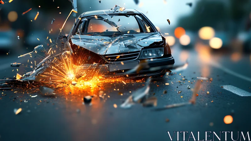 High-speed frontal car impact with dynamic debris and hot sparks