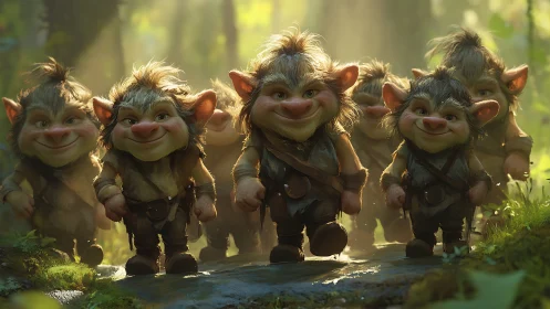 Group of stylized forest goblins walking on sunlit path.