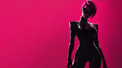 Masked figure in black suit against monochrome magenta backdrop.