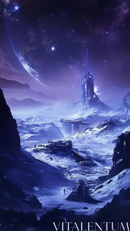 Lonely explorer on icy alien world with tall space tower.