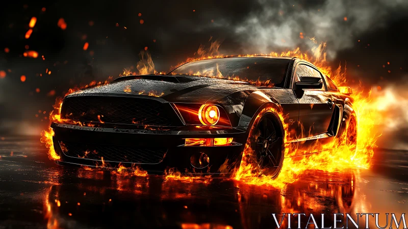 Muscle car engulfed in cinematic flames on wet asphalt.