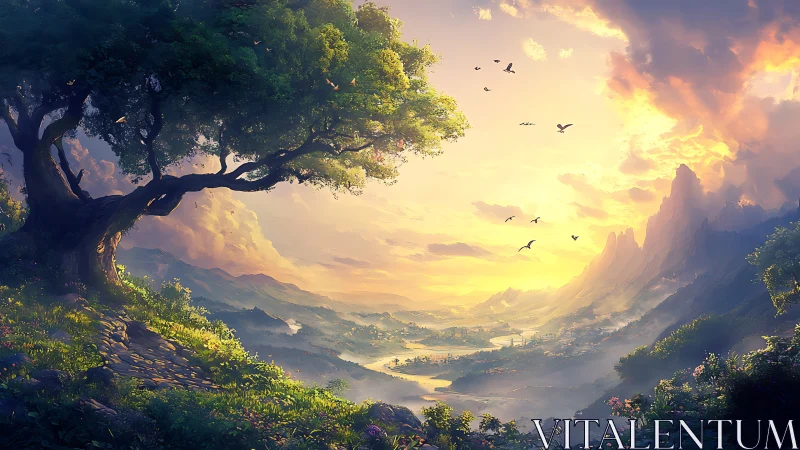 Sunlit valley landscape with lone tree and distant peaks.