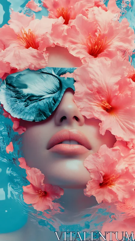 Surreal woman underwater with coral hibiscus and mirrored visor.