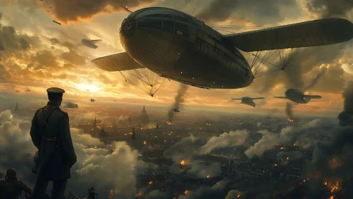 Steampunk airship armada conducts low-altitude urban bombardment
