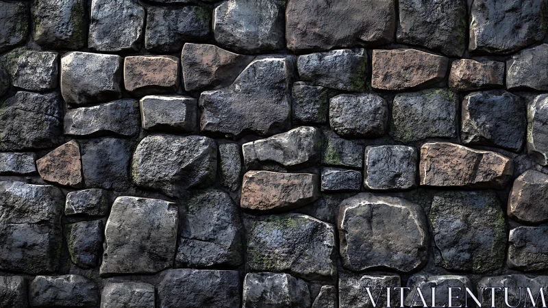 Weathered stone masonry wall shows high-relief, rough surface texture