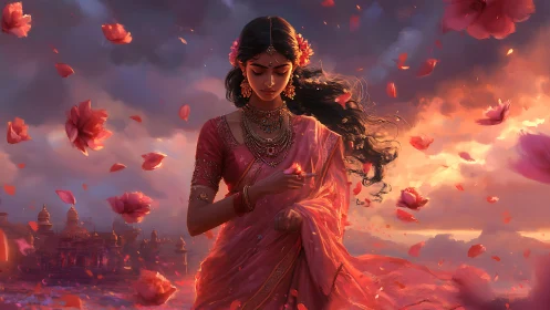 Serene woman in pink saree embraces petals at glowing sunset