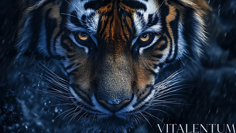 Fierce tiger gaze glows warmly against cool midnight rain