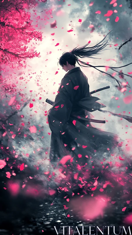 Solitary samurai in cherry blossom vortex under stormy sky
