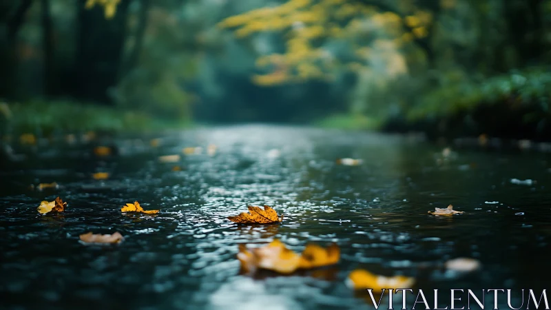 Golden autumn leaves drift gently across a tranquil river
