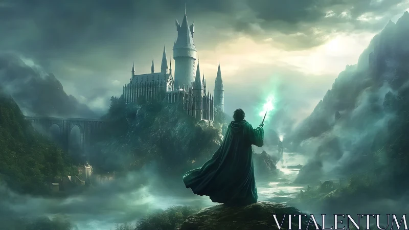 Epic fantasy citadel vista with cloaked sorcerer foreground.