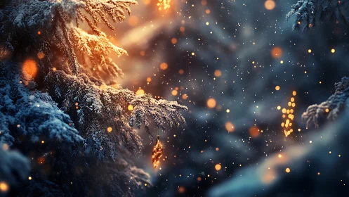 Snow-laden fir branches glow with warm festive bokeh light