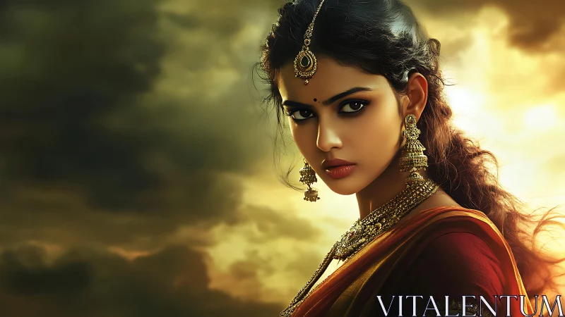 Stormlit sari queen with ember eyes and gilded secrets.