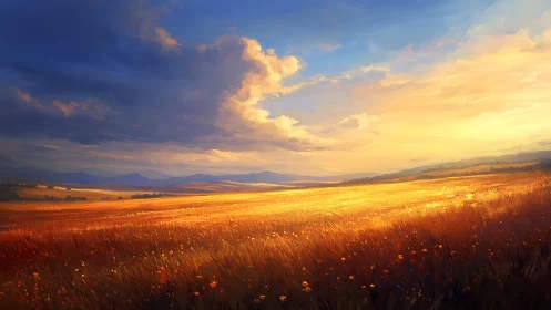 Sunlit wheat plain under dramatic storm-clearing sky.