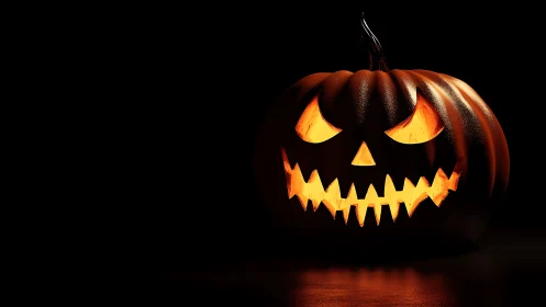 Glowing jack o’lantern smiles sharply in a darkened room