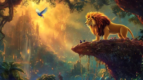 Golden forest lion keeping gentle watch over a glowing realm.