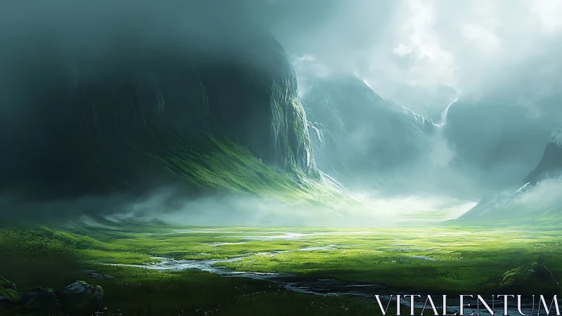 Misty emerald valley opens beneath towering shadowed cliffs