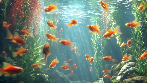 School of orange fish in sunlit freshwater underwater scene.
