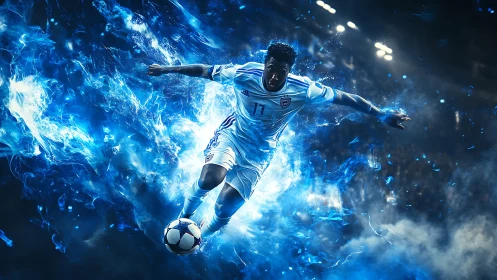 Soccer player in dynamic blue energy motion on field.