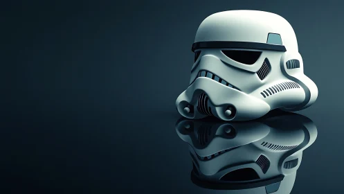 White sci fi helmet rests on reflective dark surface