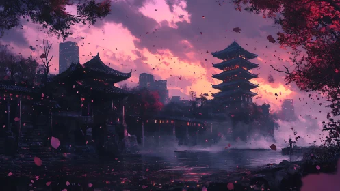 Twilight pagoda dreams over neon city and drifting petals.