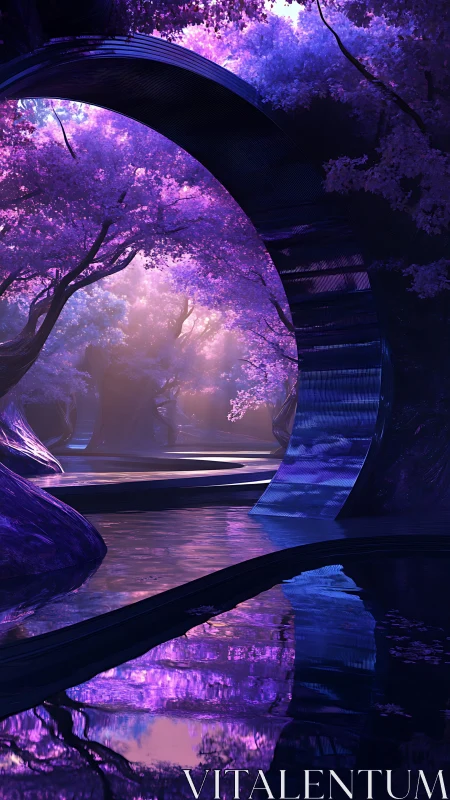 Moonlit portal curves through a violet dreamforest lagoon.