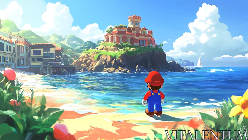 Digital rendering of coastal settlement with character figure on beach.