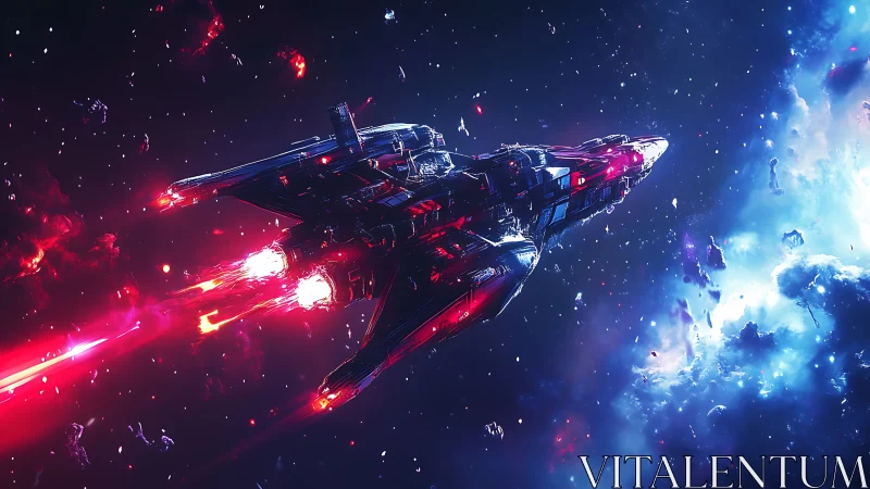 Star-cruiser tears neon corridors through fractured cosmos