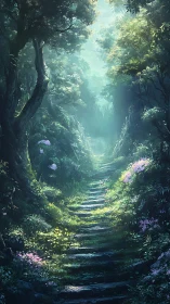 Enchanted Forest Path Through Mystical Green Light.