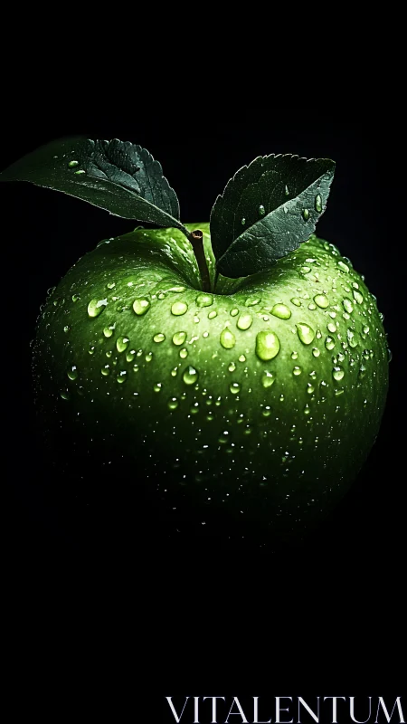 Midnight green apple crowned with shimmering dew drops.